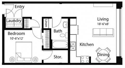 Floor plan for 1 bed, 1 bath, 625 sqft